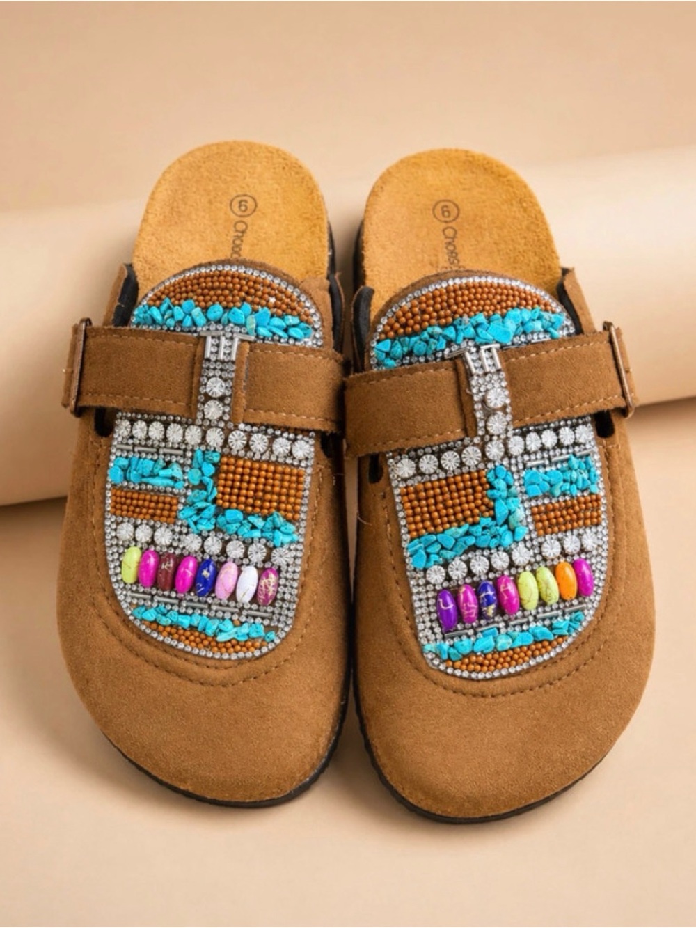 Beaded Suede Slip-On Clogs - Brown with Multicolor Beadwork